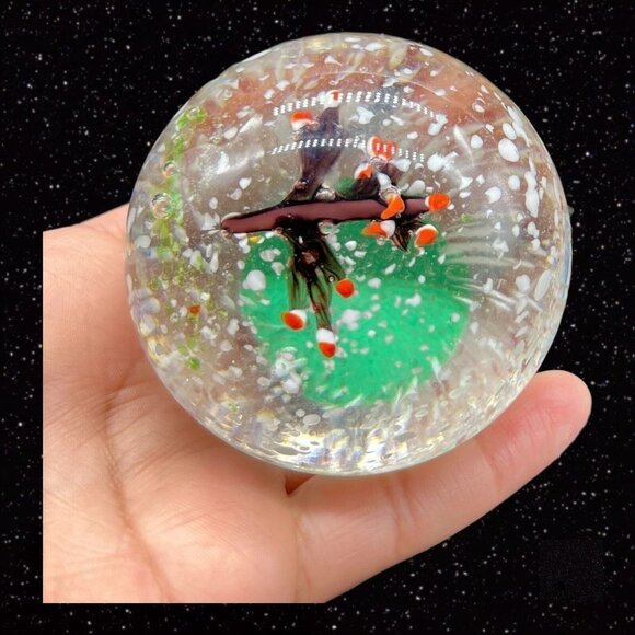 Art Glass Paperweight Cherry Tree w White Dots Round Sphere Vintage Glass 2.5”W - Picture 4 of 12